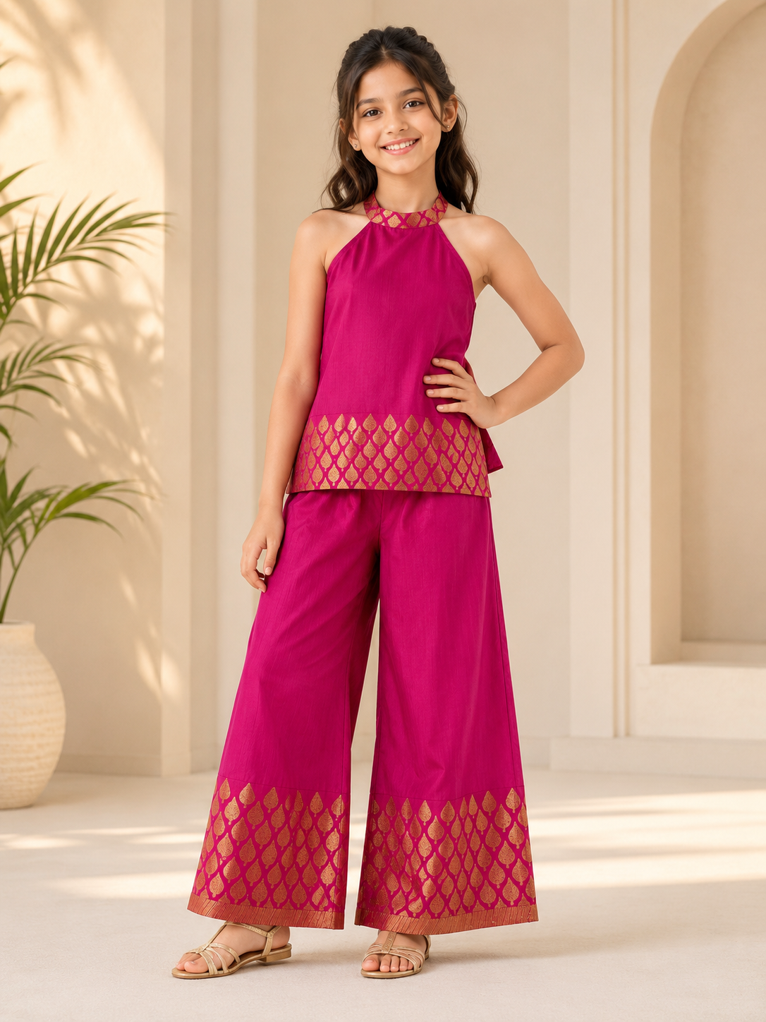 Girls Magenta Brocade Halter Neck Top & Palazzo Set