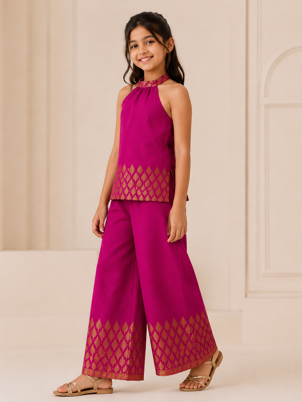 Girls Magenta Brocade Halter Neck Top & Palazzo Set