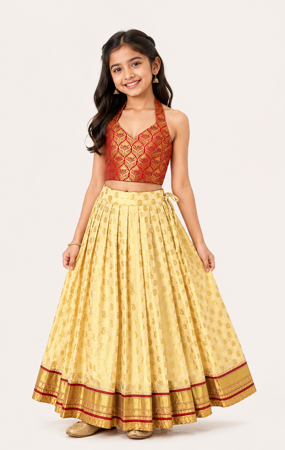 Girl wearing a red brocade blouse with a cream-gold flared lehenga choli set from Lana Fashion Studio