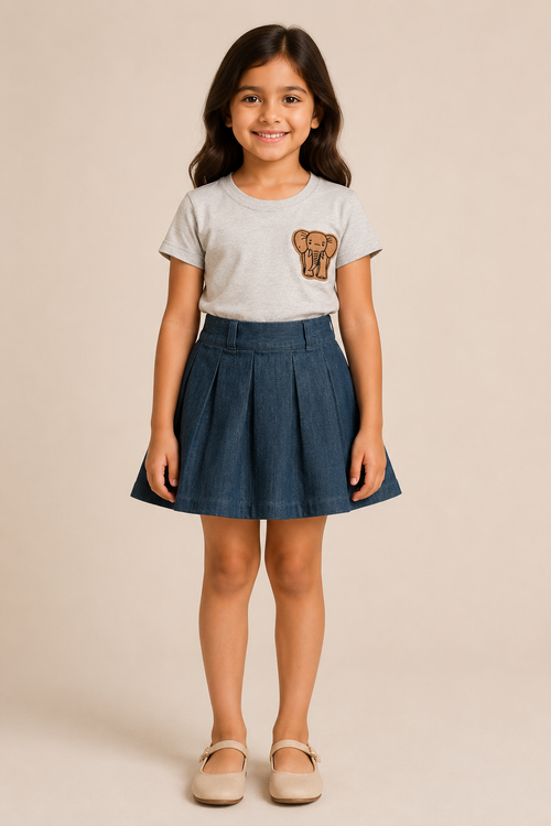 Shop this stylish girls casual clothing set featuring a soft elephant print cotton T-shirt and a navy blue pleated skirt. Perfect for everyday wear, playdates, outings, and comfortable all-day style.