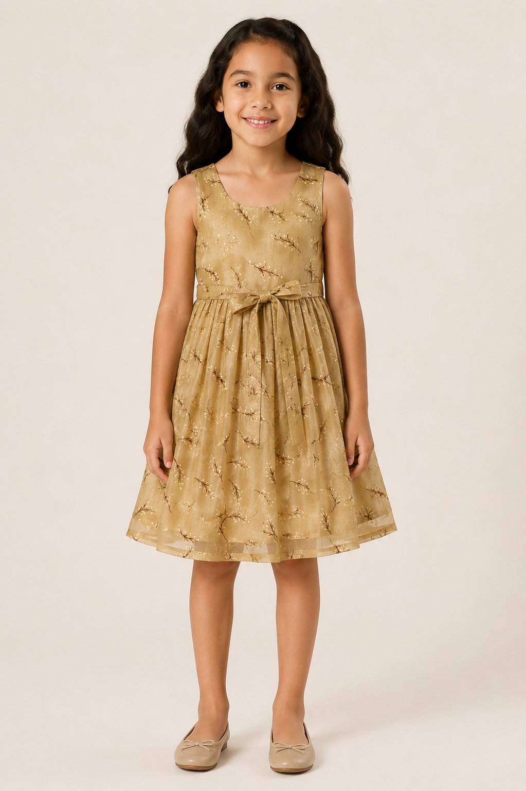 Girl wearing a golden beige sleeveless floral party frock with a waist bow from Lana Fashion Studio