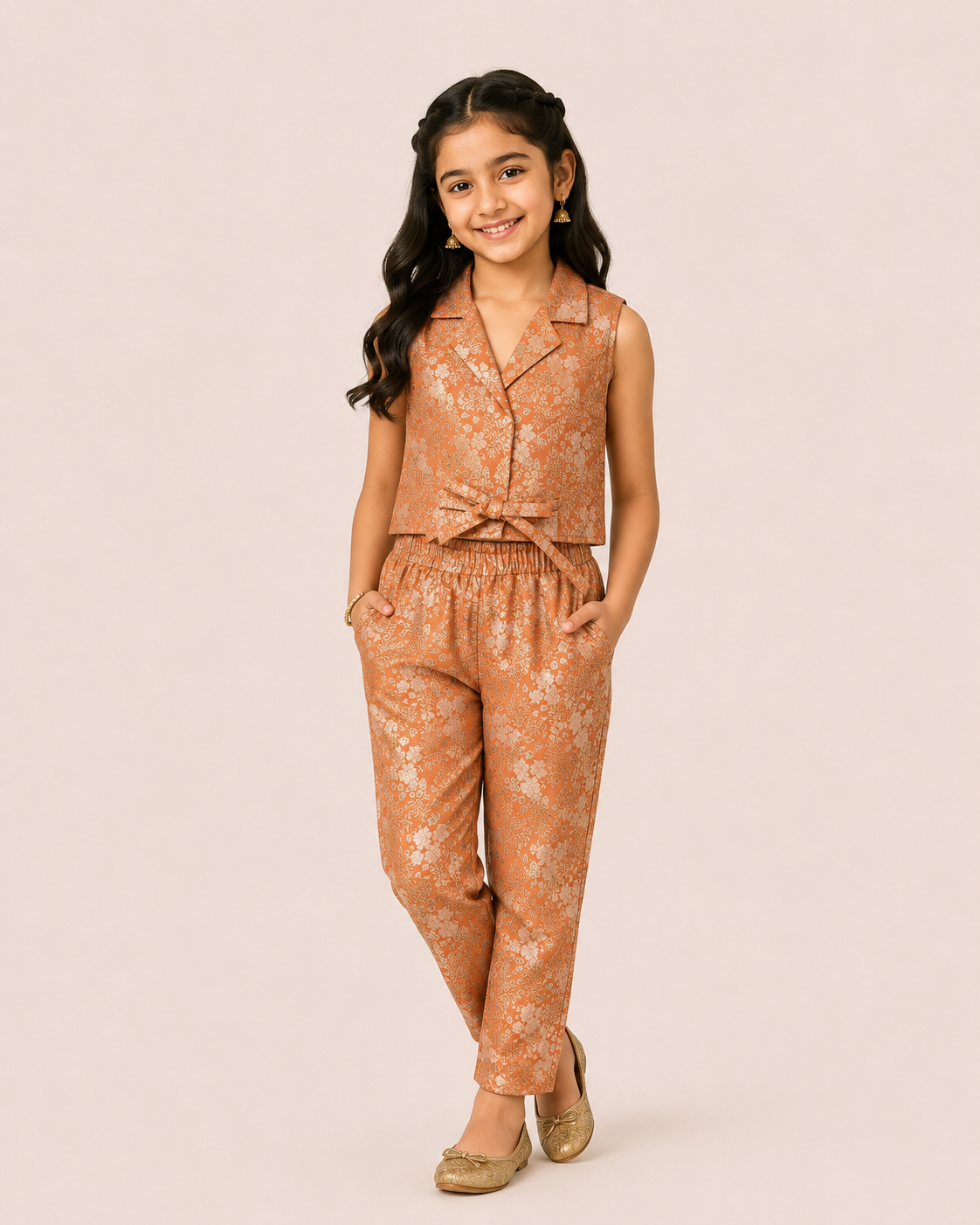 Girl wearing a peach floral printed sleeveless co-ord set with tie-up top and matching trousers from Lana Fashion Studio