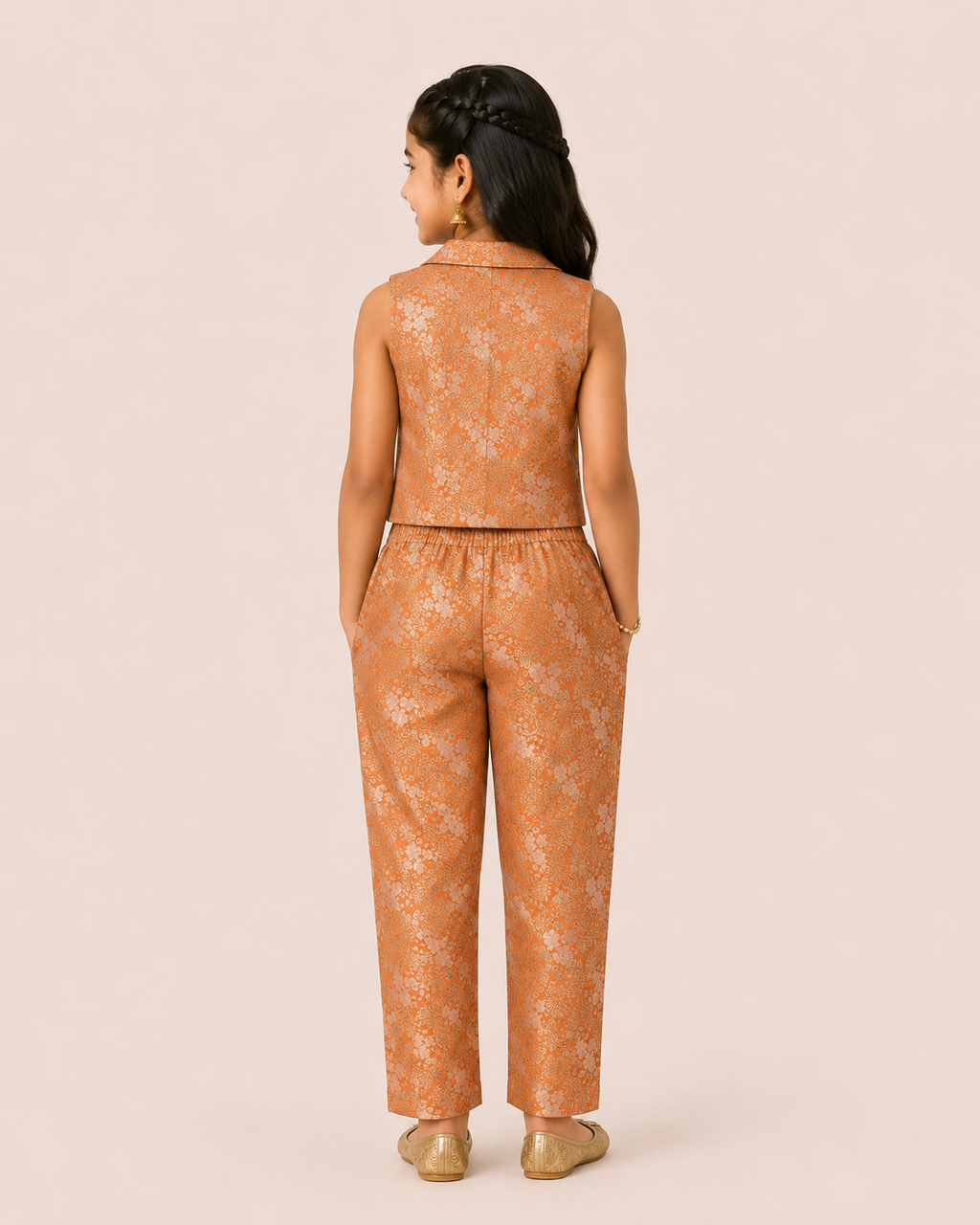 Girl wearing a peach floral printed sleeveless co-ord set with tie-up top and matching trousers from Lana Fashion Studio