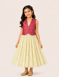 Girl wearing an ivory flared dress with a pink brocade jacket from Lana Fashion Studio