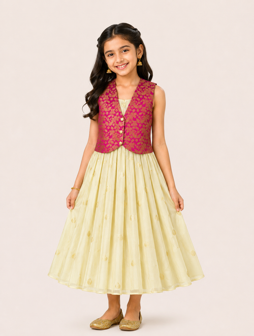 Girl wearing an ivory flared dress with a pink brocade jacket from Lana Fashion Studio