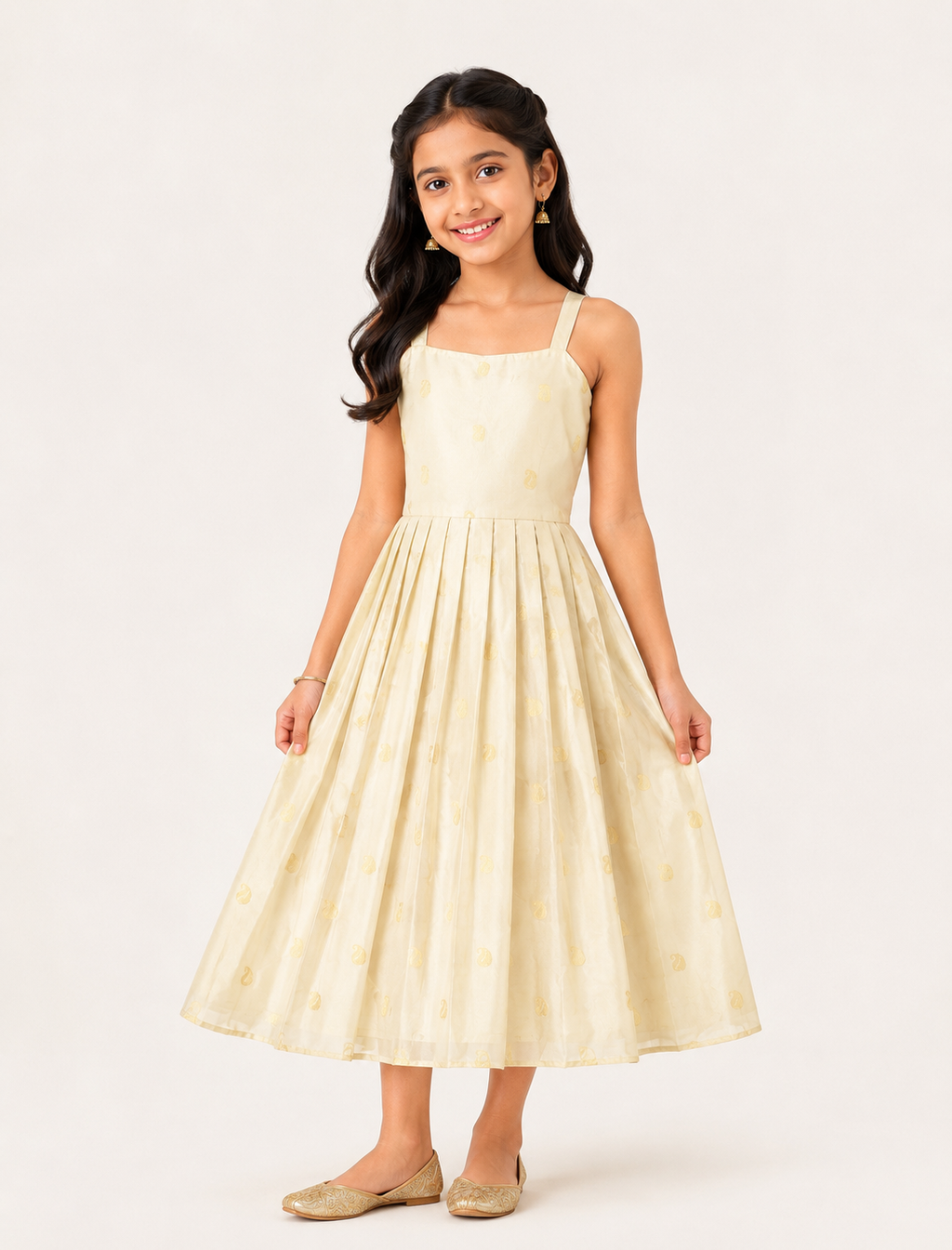 Girl wearing an ivory flared dress with a pink brocade jacket from Lana Fashion Studio
