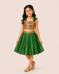 Girl wearing a green pleated lehenga with a floral printed crop choli from Lana Fashion Studio