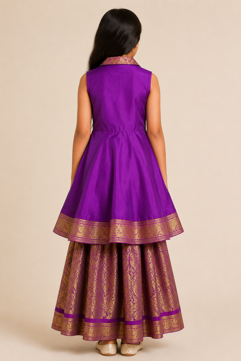 Girl wearing a purple Indo Western dress set with a gold brocade-style flared skirt from Lana Fashion Studio