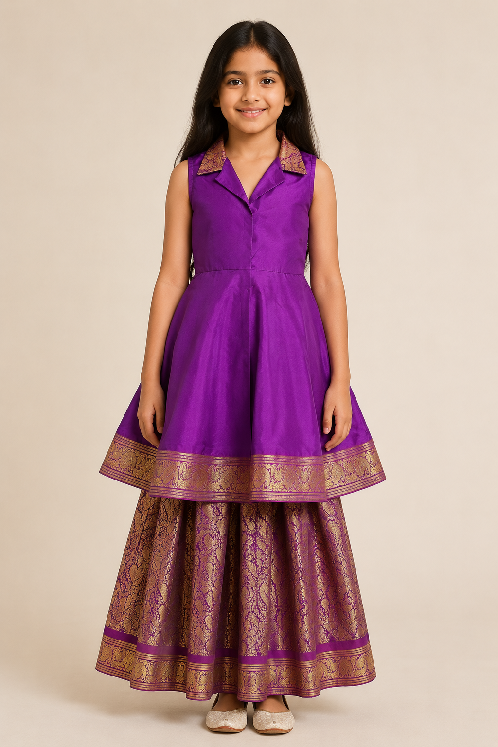 Girl wearing a purple Indo Western dress set with a gold brocade-style flared skirt from Lana Fashion Studio