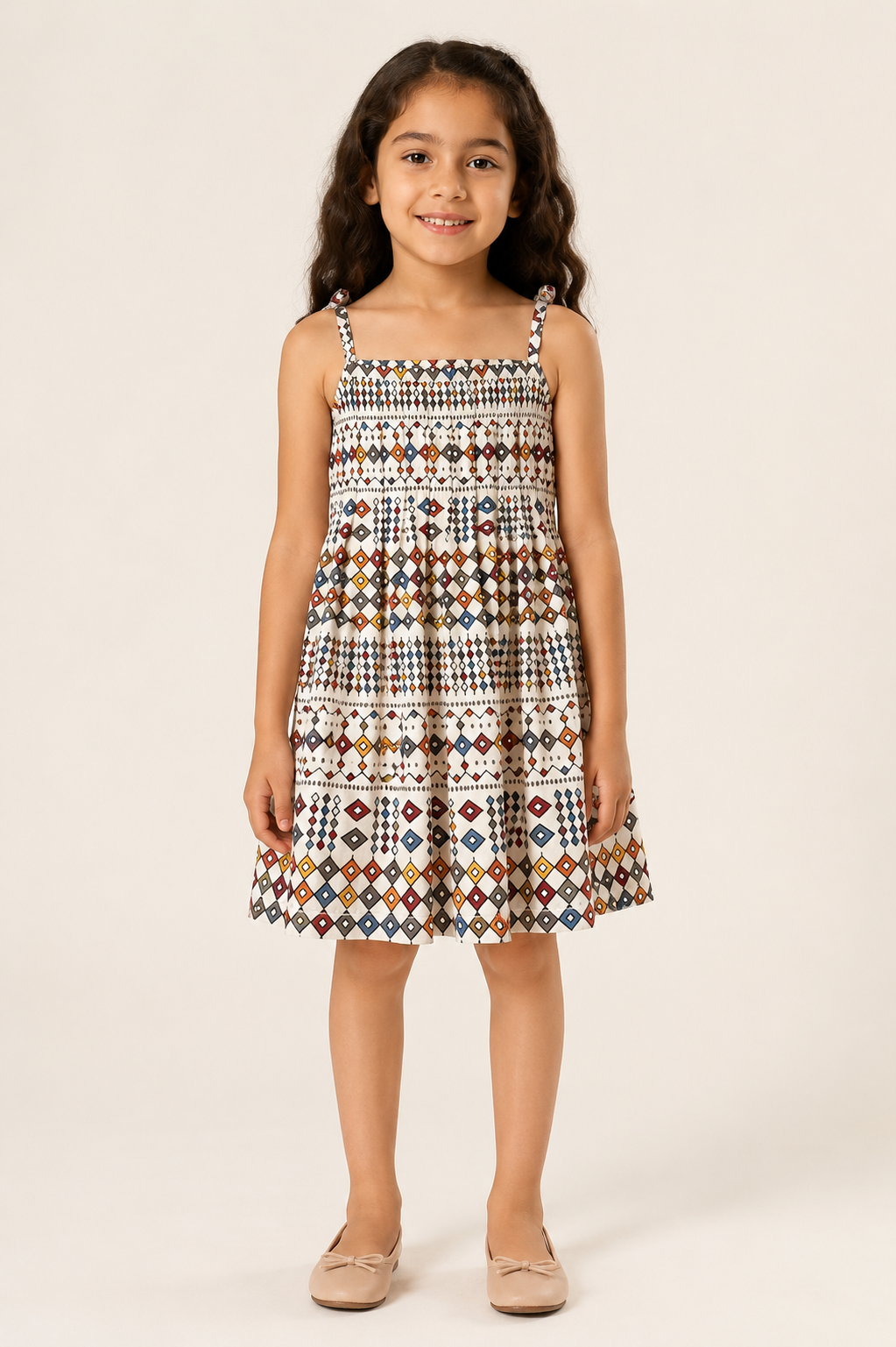 Girl wearing an ivory white sleeveless geometric printed cotton frock from Lana Fashion Studio